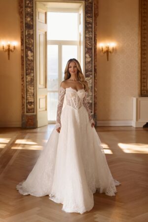 rochie de mireasa a-line din dantela florala cu maneci detasabile - adjaria 1